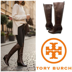 Tory Burch Dabney Knee High Wedge Boots Brown Croc Embossed Calf Leather Sz 6